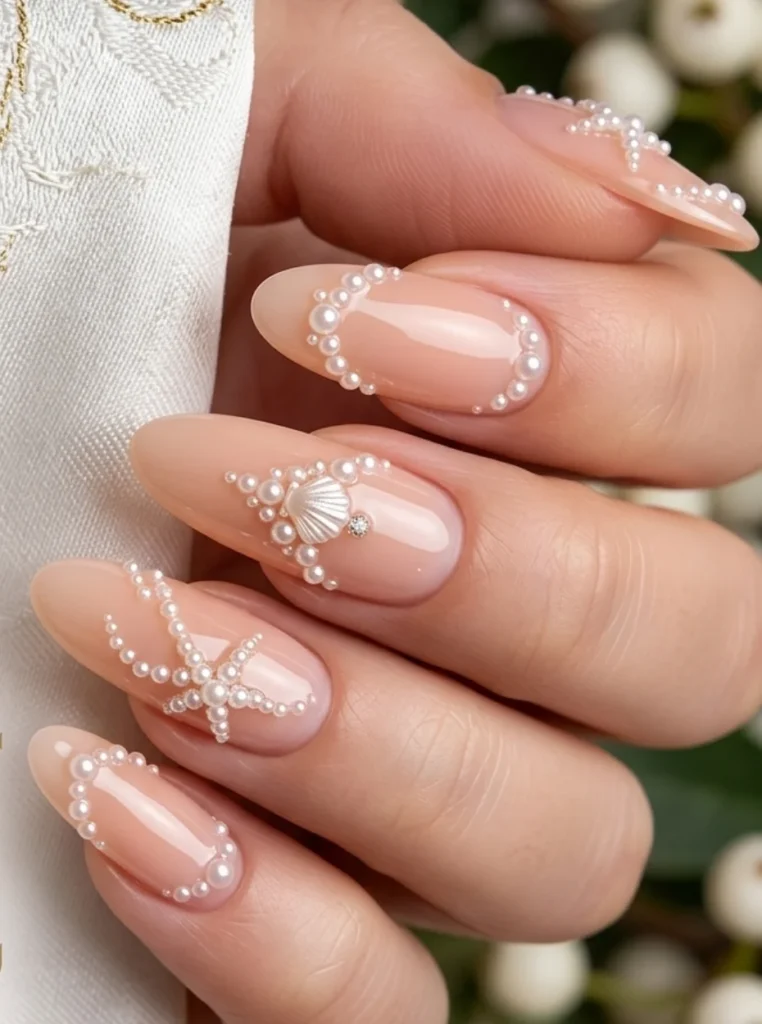 Pfirsich Nägel mit Perlenverzierung, Muschel-Details und elegantem Bridal-Nail-Art-Design auf mandelförmigen Nägeln.
