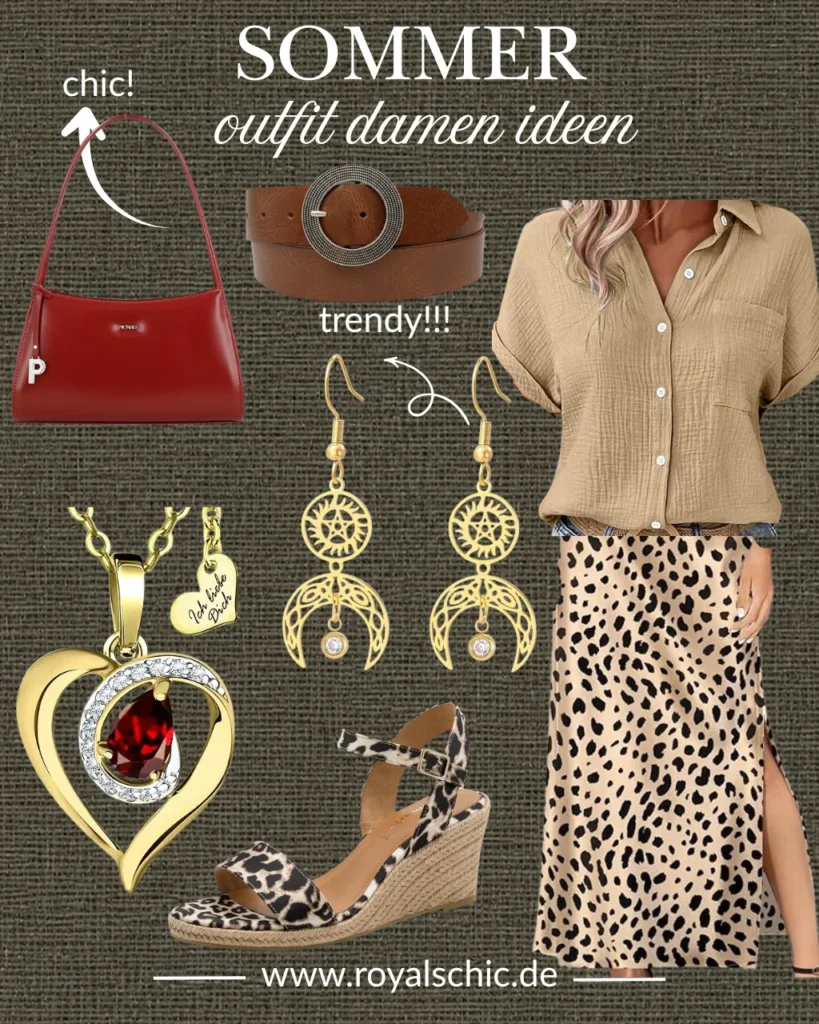 Collage mit Sommeroutfit für Damen 2026: beiges Kurzarmhemd, Satin-Leopardenrock, roter Schultertasche, braunem Rundgürtel, goldenen Statement-Ohrringen, Herzkette und Leoparden-Espadrille-Sandaletten.