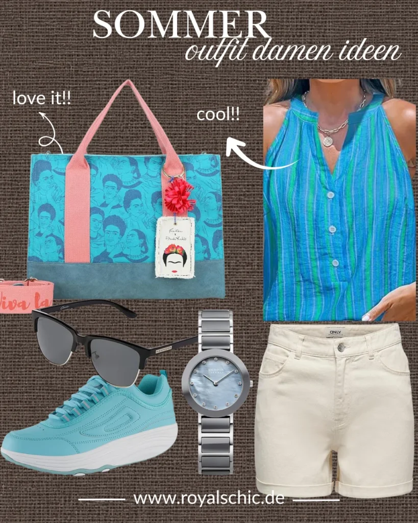 Shop the Look mit blau-grün gestreiftem Top, cremefarbenen Shorts, türkisfarbenen Sneakern, bunter Tragetasche, schwarzer Sonnenbrille und silberner Armbanduhr für ein trendiges Sommer Outfit Damen 2026
