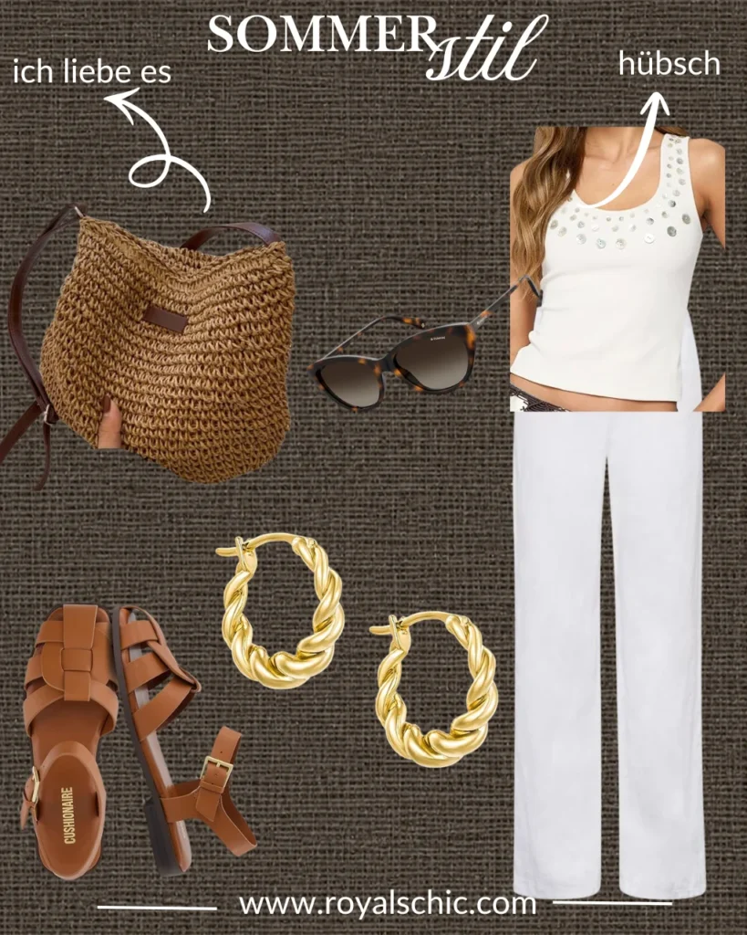 Shop the Look für Sommer Outfit Damen mit weißer Leinenhose, weißem Tanktop, Basttasche, braunen Ledersandalen, goldenen Creolen und Sonnenbrille für den Sommer 2026