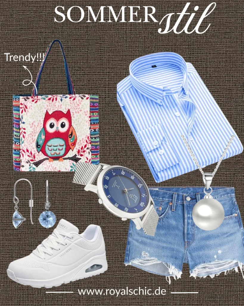 Sommerliches Damen-Outfit mit blau-weiß gestreiftem Hemd, Jeansshorts, weißen Sneakern, silberner Armbanduhr, Perlenkette, blauen Kristallohrringen und bunter Eulen-Shopper-Tasche als Outfit-Inspiration für 2026.