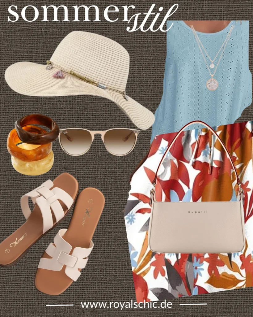 Sommeroutfit für Damen mit hellblauem Tanktop, floralem Midirock, Strohhut, Sonnenbrille, Layering-Kette, cremefarbener Handtasche, beigen Pantoletten und Armreifen als stilvolle Outfit-Inspiration für 2026.