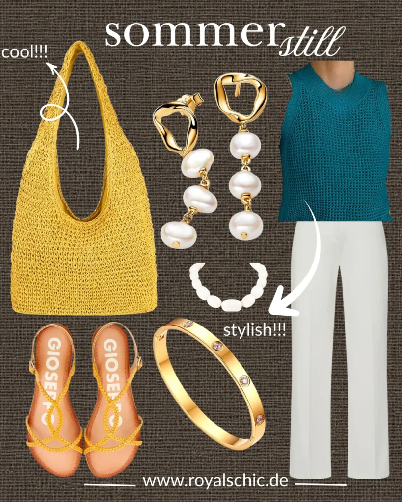 Moodboard mit Sommeroutfit 2026 für Frauen: türkisfarbenes Stricktop, weiße weite Hose, gelbe Häkeltasche, gelbe Sandalen, Perlenohrringe, Perlenkette und goldener Armreif für einen eleganten Freizeitlook.