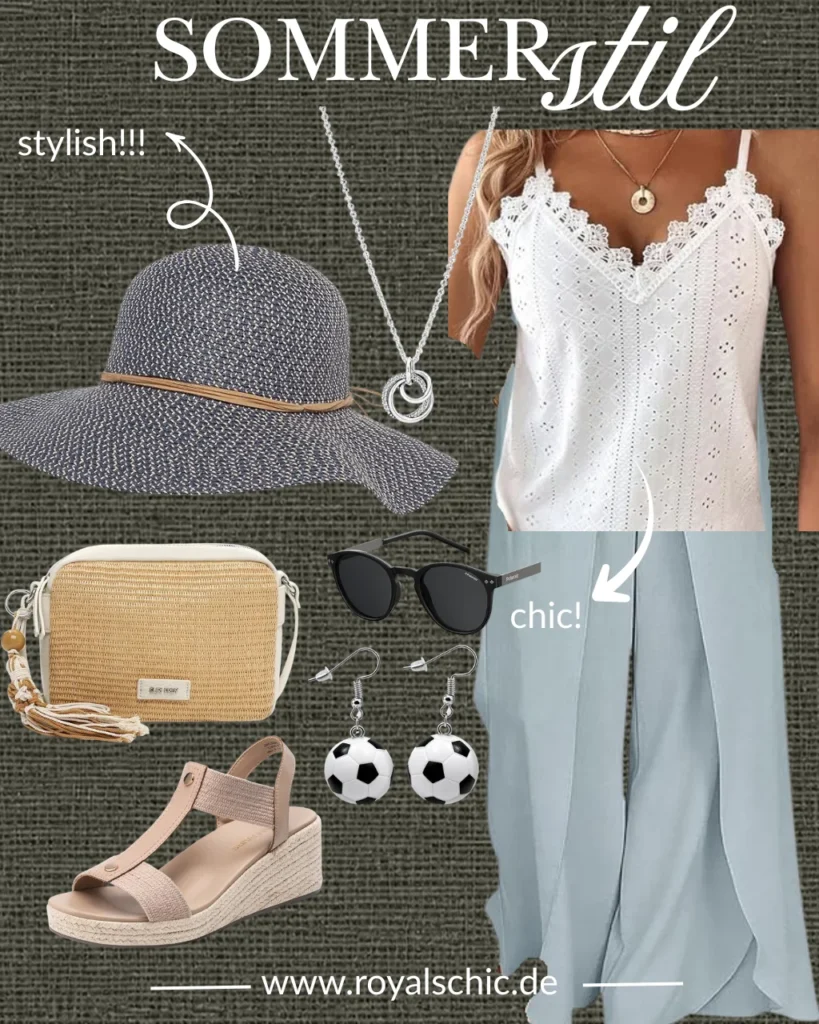 Sommeroutfit mit weißem Spitzentop und hellblauer Palazzohose, kombiniert mit Sonnenhut, Strohtasche, Keilsandalen, Sonnenbrille und Schmuck für einen eleganten Urlaubs-Look.