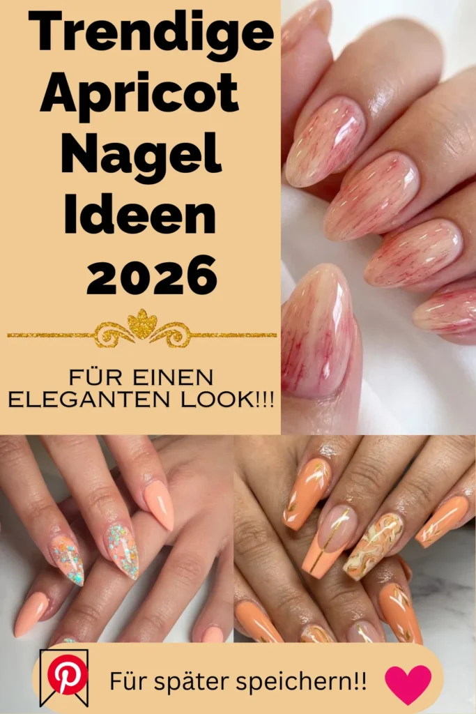 Pinterest-Grafik mit trendigen Apricot-Nagel Ideen 2026, darunter Glitzer-, Marmor- und Mandelnagel-Designs für einen eleganten Look.
