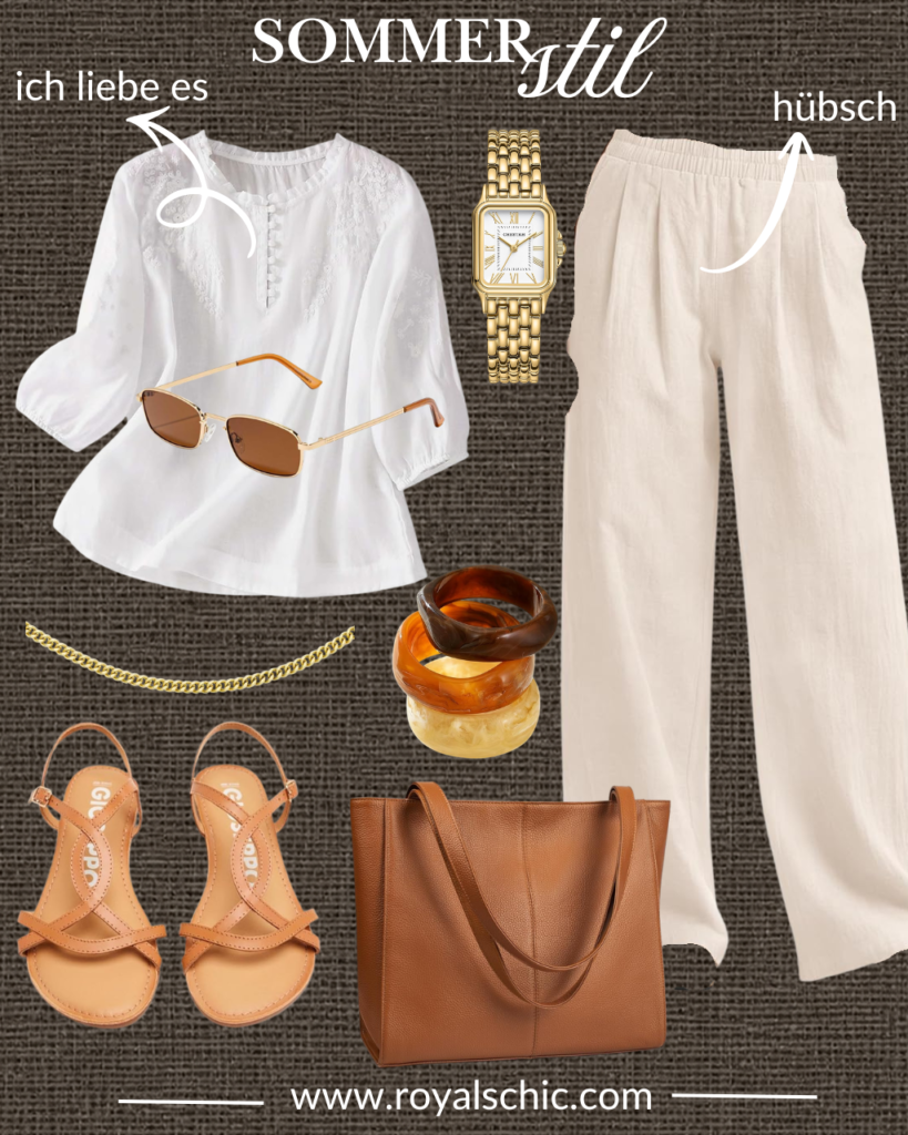 Weißes Oversize-Hemd mit weiter Leinenhose, brauner Tote Bag, Sandalen, Sonnenbrille und goldenen Accessoires – elegantes Sommeroutfit für Frauen 2026