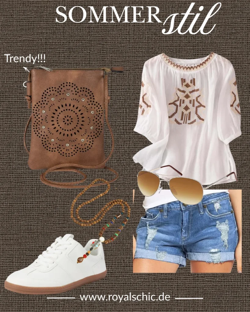 Shop the Look mit weißem Oversize-Hemd, Jeansshorts, weißen Sneakern, brauner Umhängetasche, Aviator-Sonnenbrille und Boho-Halskette für ein trendiges Sommer Outfit Damen 2026