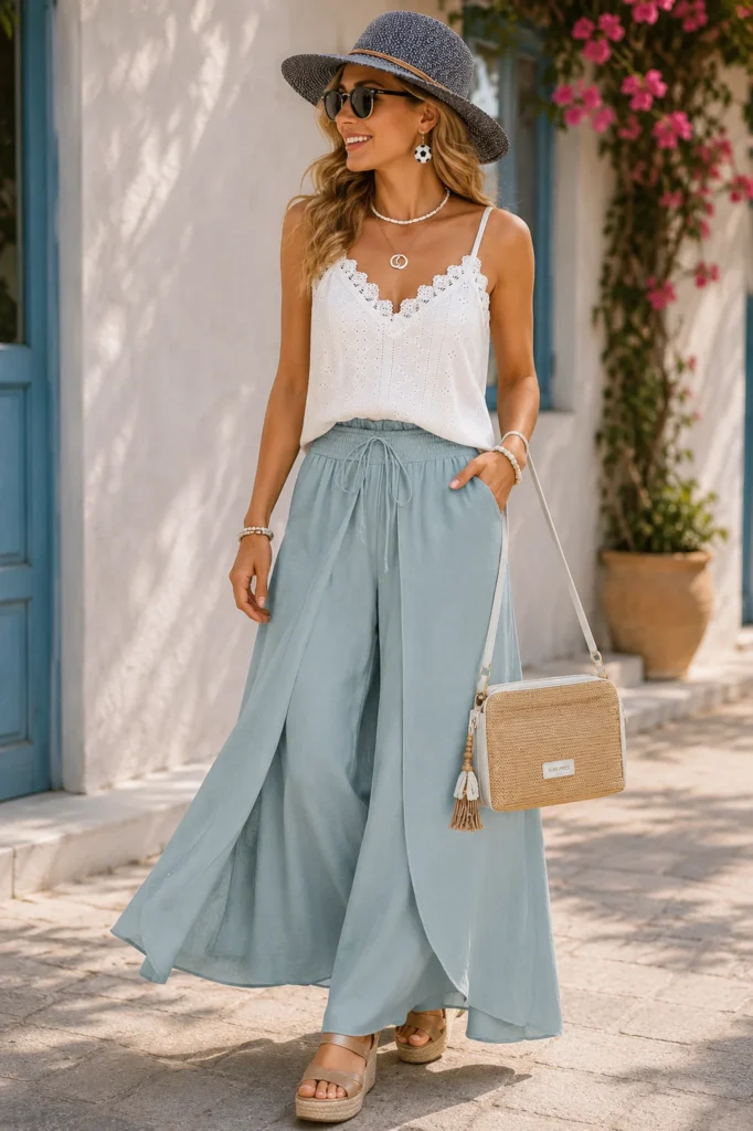 Elegantes Sommeroutfit mit weißem Spitzentop und hellblauer weiter Palazzohose, kombiniert mit Strohtasche, Sonnenhut, Sandalen und dezentem Schmuck für einen luftigen Urlaubs-Look.