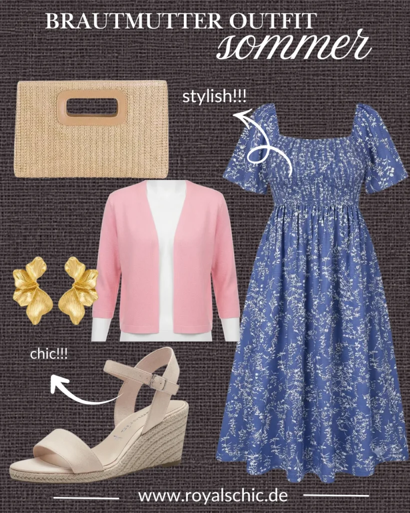 Brautmutter Outfit Sommer mit blauem Blumen-Maxikleid, rosa Cardigan, Bast-Clutch, goldenen Blütenohrringen und beigen Keilsandaletten für eine Gartenhochzeit.