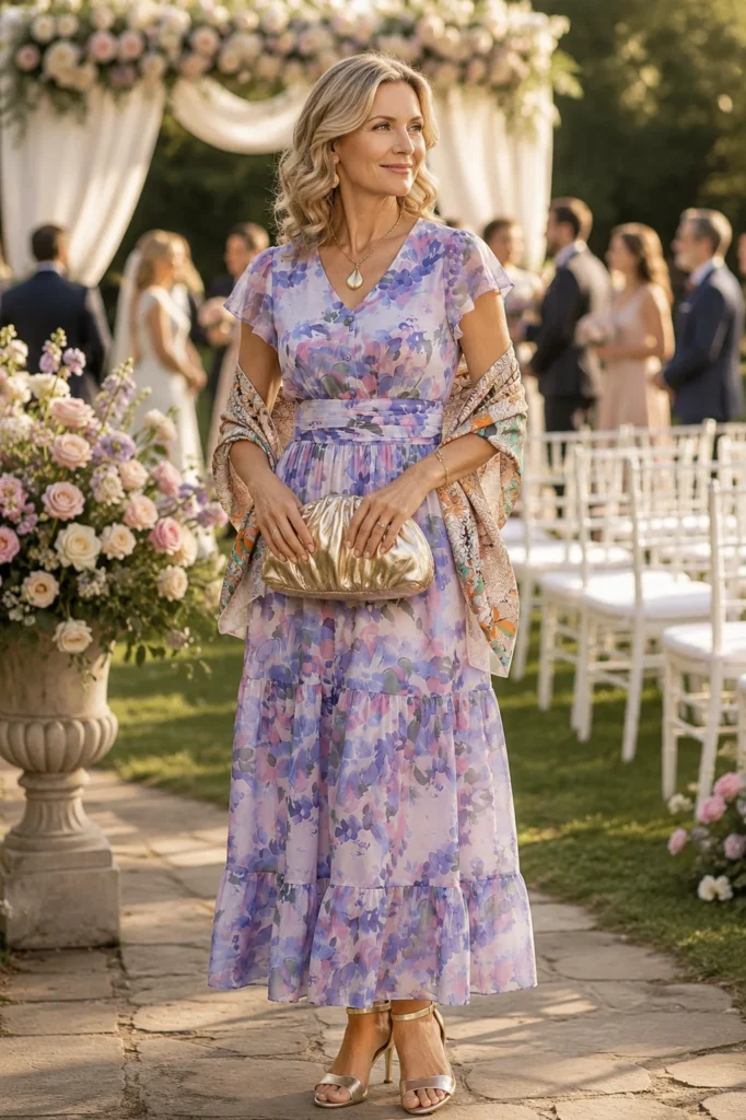 Elegantes Brautmutter Outfit Sommer mit lavendelfarbenem Blumenkleid, gemustertem Seidenschal, goldener Clutch, goldener Halskette und Sandaletten bei einer romantischen Gartenhochzeit.