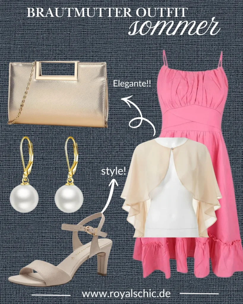 Brautmutter Outfit Sommer Shop the Look mit rosafarbenem Midikleid, Chiffon-Cape, goldener Clutch, Perlenohrringen und beigen Sandaletten für eine elegante Sommerhochzeit.