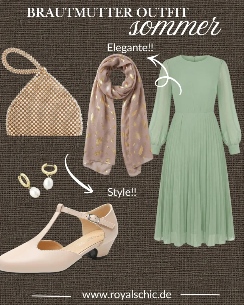 Brautmutter Outfit Sommer Shop the Look mit salbeigrünem Chiffonkleid, beigen Pumps, Perlen-Clutch, Schal und goldenen Perlenohrringen für eine elegante Sommerhochzeit.
