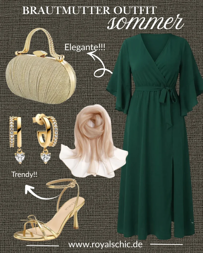 Brautmutter Outfit Sommer mit smaragdgrünem Wickelkleid, champagnerfarbenem Schal, goldener Clutch, goldenen Sandaletten und elegantem Schmuck für eine festliche Hochzeit.