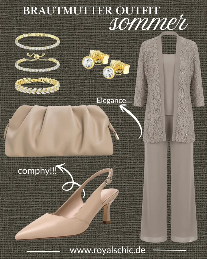 Brautmutter Outfit Sommer mit elegantem taupefarbenem Hosenanzug, Spitzenjacke, nudefarbenen Slingback-Pumps, Clutch und goldenem Schmuck für eine stilvolle Sommerhochzeit.