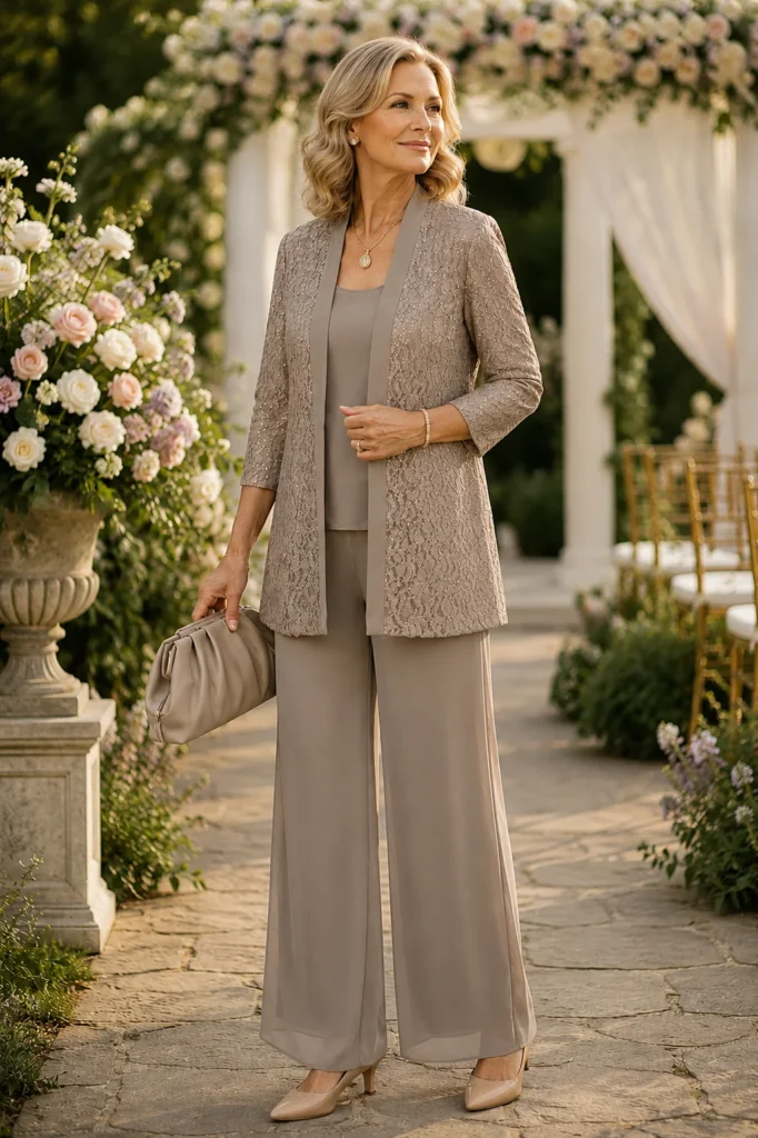 Elegantes Brautmutter Outfit Sommer mit taupefarbenem Hosenanzug, Spitzenjacke, nudefarbenen Pumps, Clutch und dezentem Goldschmuck bei einer romantischen Gartenhochzeit.