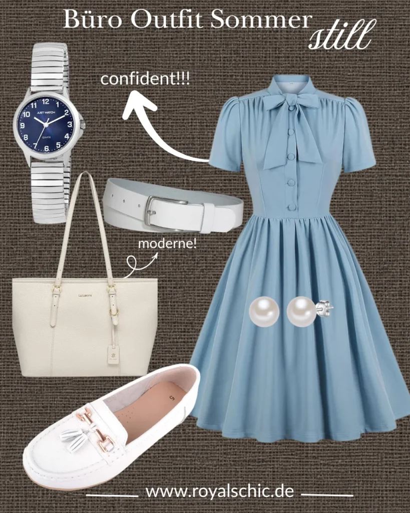 Hellblaues Hemdblusenkleid mit weißen Loafern und hellen Accessoires für ein stilvolles Büro Outfit Sommer.