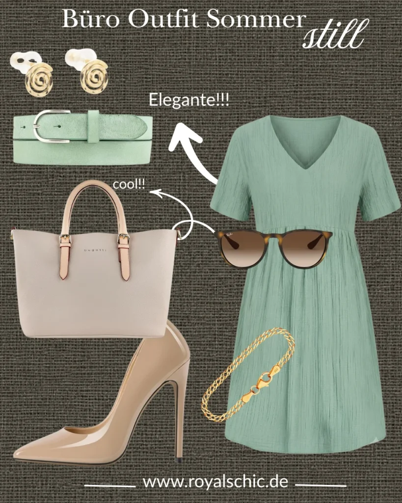 Büro Outfit Sommer mit salbeigrünem Midikleid, beigem Shopper, nudefarbenen Pumps und goldenen Accessoires.
