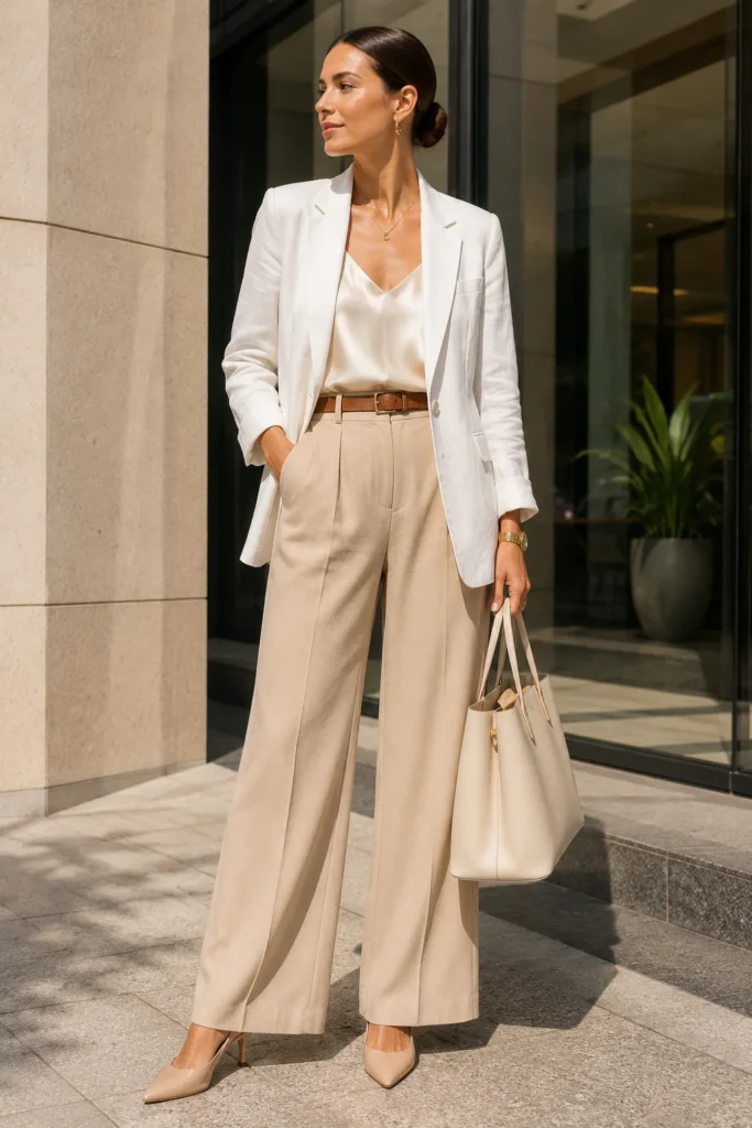Büro Outfit Sommer mit weißem Leinenblazer und beiger Stoffhose für Damen
