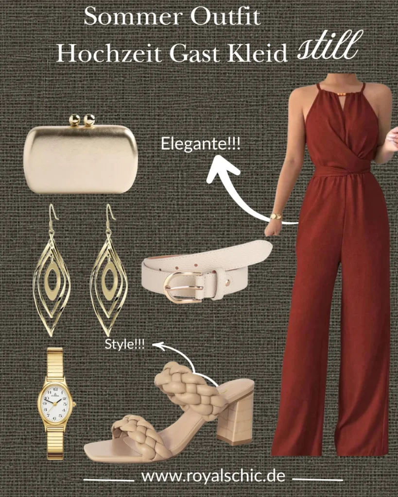 Eleganter rostbrauner Jumpsuit mit goldenen Accessoires und beigen Sandalen für Sommer-Hochzeitsgäste.