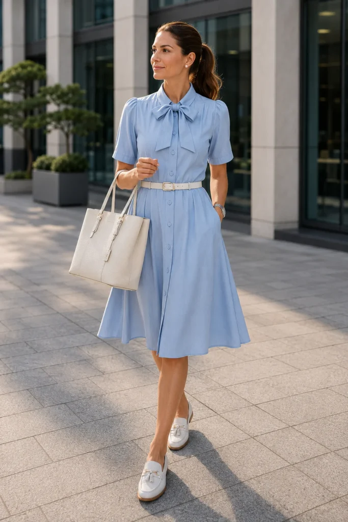 Hellblaues Hemdblusenkleid mit weißen Loafern und heller Tote Bag als elegantes Büro Outfit Sommer.