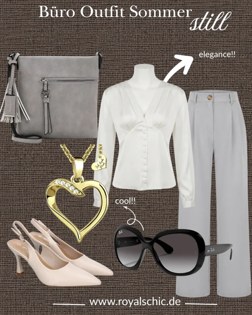 Collage für ein Büro Outfit Sommer mit hellgrauer Stoffhose, weißer Seidenbluse, grauer Umhängetasche, beigen Slingback-Pumps, goldener Herzkette und schwarzer Sonnenbrille.