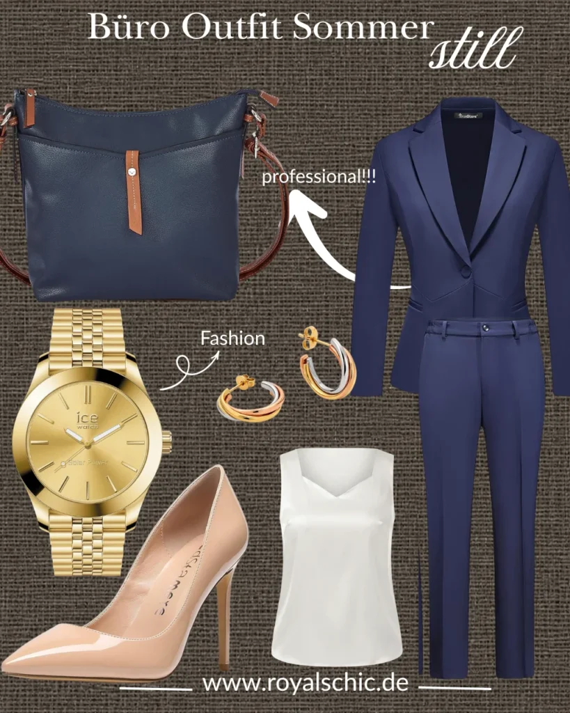 Shop the Look: Marineblauer Hosenanzug als elegantes Büro Outfit Sommer mit weißem Top, nudefarbenen Pumps, dunkelblauer Umhängetasche, goldener Uhr und modernen Creolen.