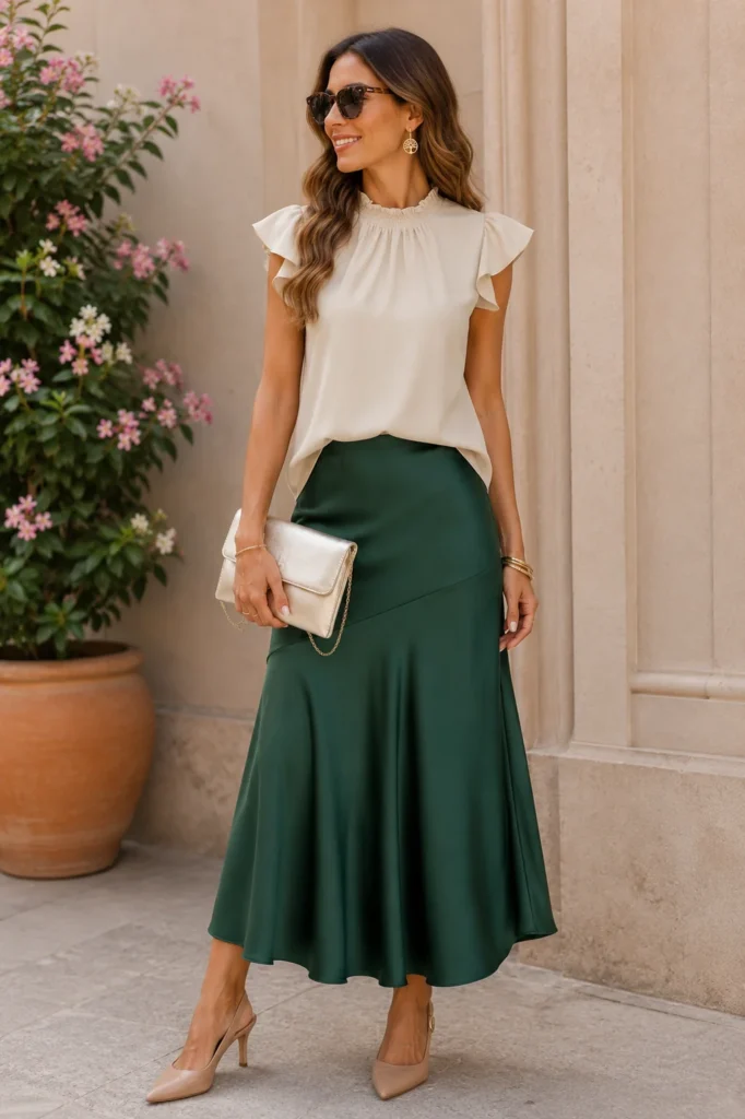Cremebluse mit grünem Satinrock und eleganten Accessoires für Sommerhochzeit.