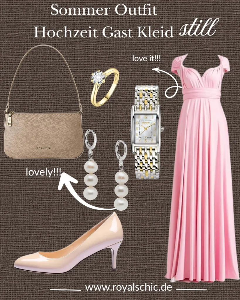 Shop the Look mit rosa Wickelkleid und eleganten Accessoires für Hochzeitsgäste.