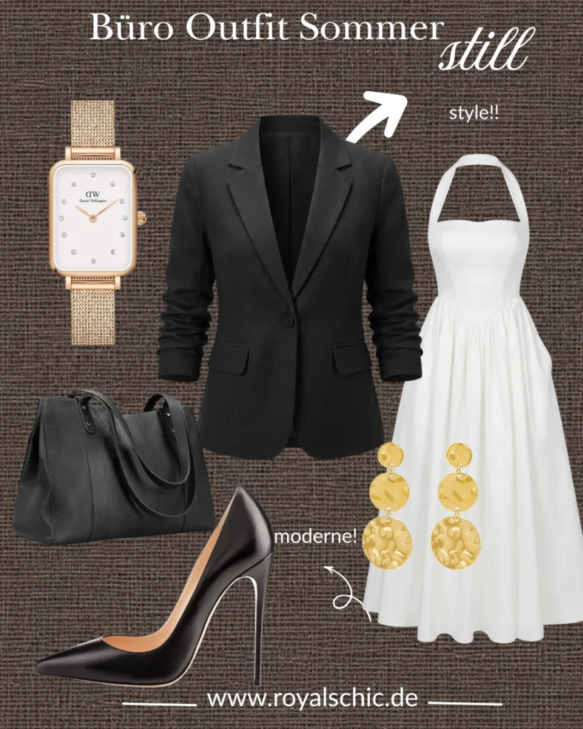 Büro Outfit Sommer mit weißem Midikleid, schwarzem Leinenblazer, schwarzer Ledertasche, schwarzen Pumps, roségoldener Armbanduhr und goldenen Statement-Ohrringen für einen eleganten Business-Look.